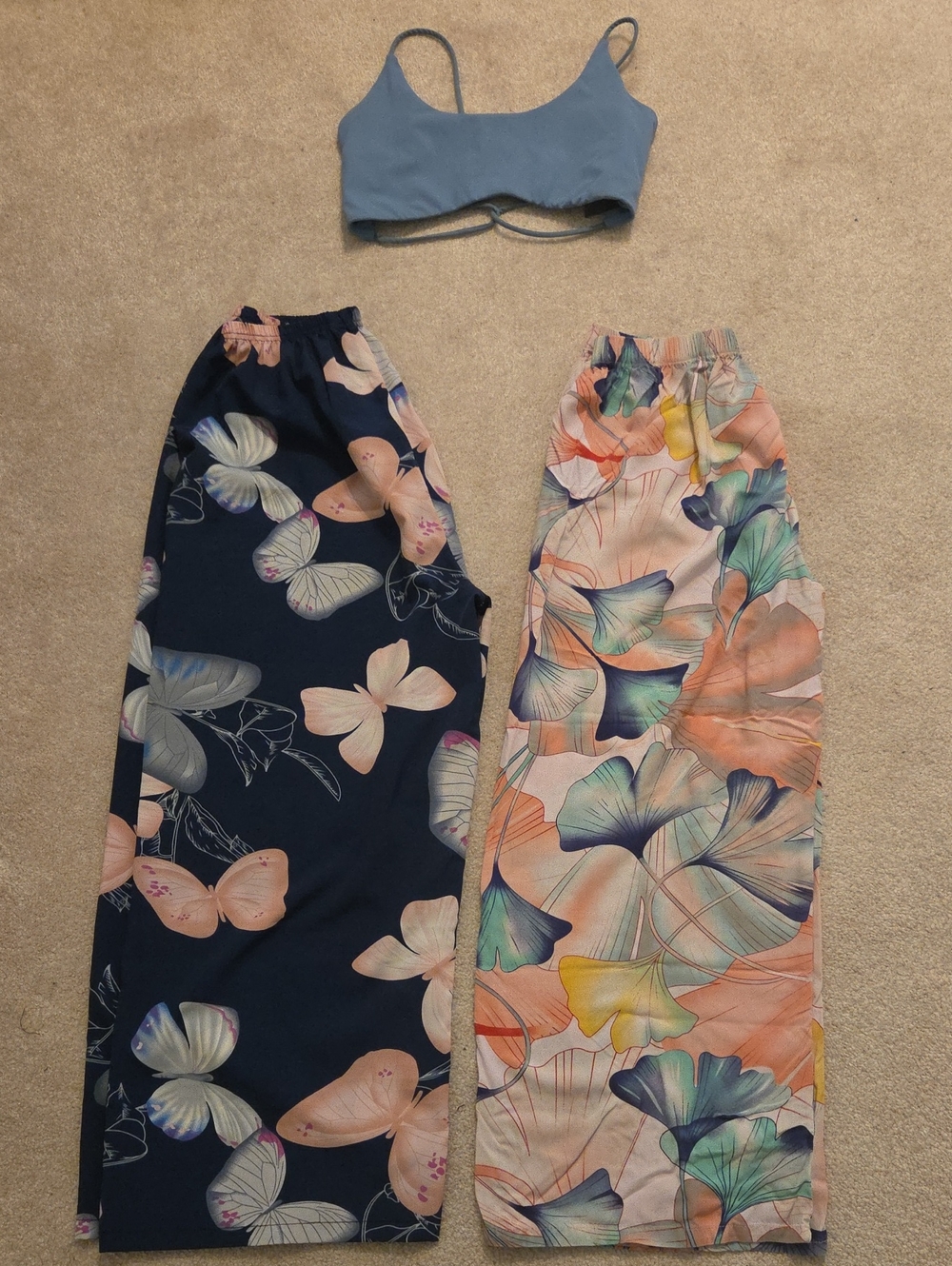 Pair MED Flowy Summer Pants Peach & Navy 🦋/Floral Print & DuskyBlue MED Bra Top